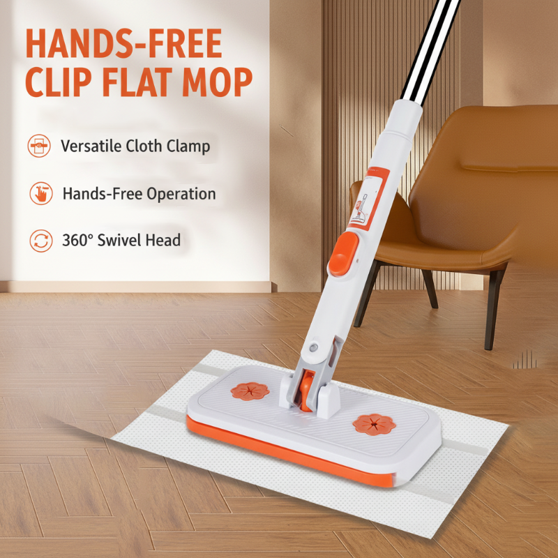 Telescopische verlengbare wegwerpbare platte mop met clip, 360° draaibaar, lichtgewicht vloermop.